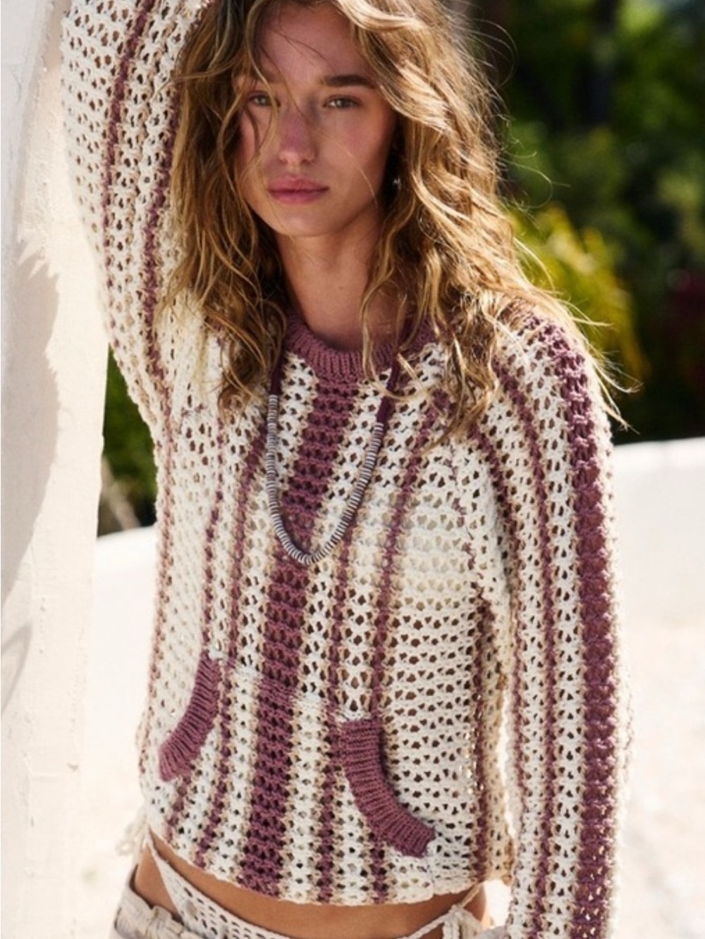 Free People Open-Knit Striped Hoodie Sweater in Cream and Mulberry